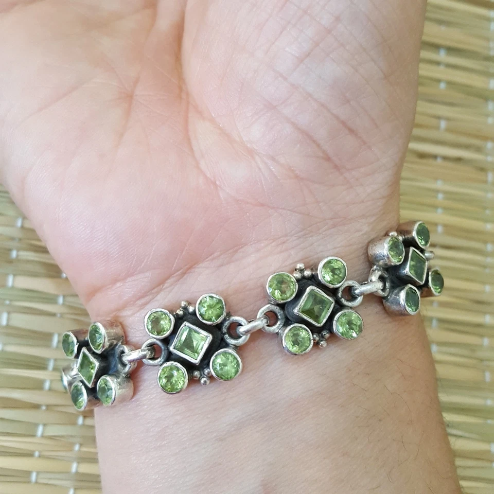 Pulsera de plata de ley 925 vintage, pulsera de tenis de peridoto natural, 8,5" Foto 4 de 4