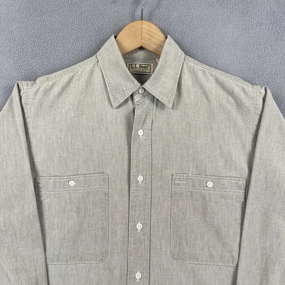 Vintage LL Bean Shirt Mens Medium Green Beige Long Sleeve Pockets 90s USA Made - Image 2 of 4