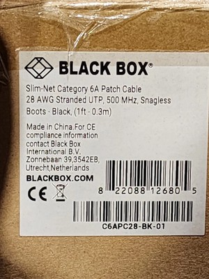 100 Pack 1ft Black Box Slim-Net Cat 6A Patch Cable 28AWG UTP Snagless