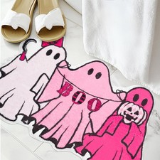 Halloween Bath Mat Pink Ghost Bathroom Rugs Non Slip Spooky Plush Shower Rugs