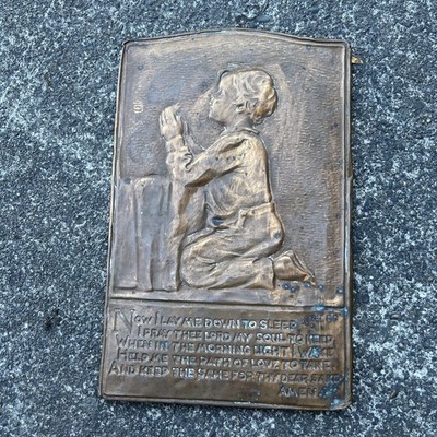 Antique Bronze Metal Relief Child s Bedtime Prayer ''Now I lay me down'' -Perrin-