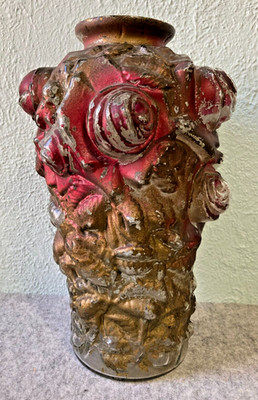 Antique Victorian Goofus Glass Large 12'' Vase Red & Gold Cabbage Rose Buds
