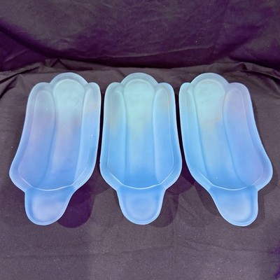 RARE Vintage Indiana Glass Light Blue Satin Glass Banana Split Dishes x3 GLOWS!