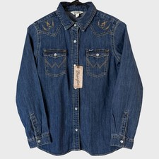 Wrangler Embroidered Denim Shirt Blue Girls Large Western Pearl-Snap Rodeo NEW