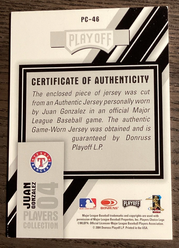 2004 Playoff Prestige Players Collection Relics Juan Gonzalez #PC-46 Rangers! - Image 2 of 2