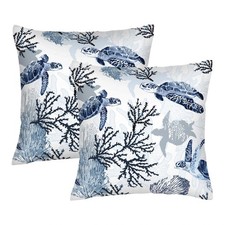 2 Pack Navy Blue Sea Turtle Coral Throw Pillow Covers 18x18 Ocean