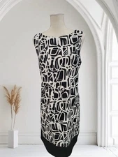 NEW AB Studio Dress Women's 16 Sleeveless Black White Swirl Sheath Knee Length 