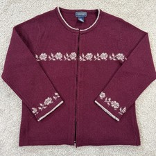 American Eagle Lambswool Cardigan Sweater M Burgundy Floral Knit Button VTG