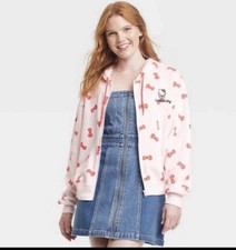 Hello Kitty Women Sanrio Light Pink Zip Up Hoodie Bows Pattern Embroidery Sz S