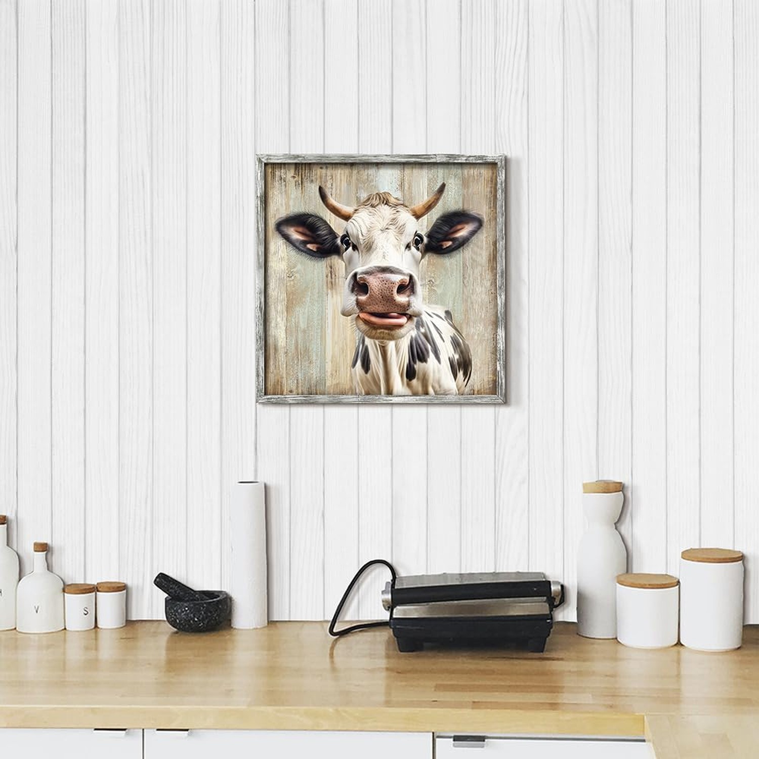 Farm Animal Wood Wall Art: Farmhouse Cow Framed Print Decor Rustic Picture Fu...