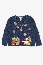 Vintage Blue Tiara International Reindeer Singing Ugly Christmas Cardigan 2000s
