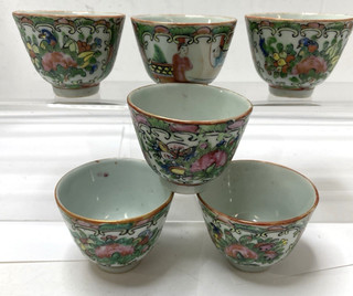 CHINESE EXPORT FAMILLE ROSE MEDALLION SAKE TEA CUPS SET 6 HAND PAINTED PORCELAIN