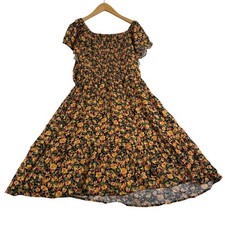 Terra & Sky Womens 0X 14W Floral Smocked Square Neck Rayon Midi Dress Multicolor