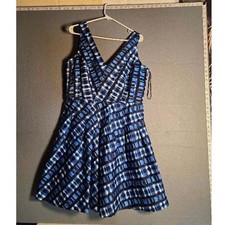 Calvin Klein Marine Blue Black Geometric V-Neck Fit Flare Dress 16 M1BBG965