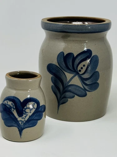 Vintage Beaumont Brothers Pottery BBP Crocks with Flower & Heart 6" & 3"