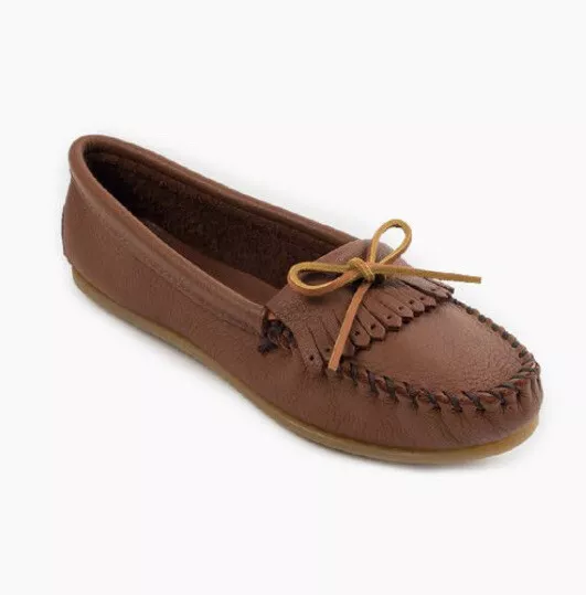 Minnetonka Moccasins 7.5 Smooth Brown Deer Skin Leather Rubber Sole Kiltie Women