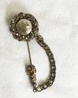 Vintage Miriam Haskell Baroque Pearl Rhinestone Gold Tone Stick Pin with Chain