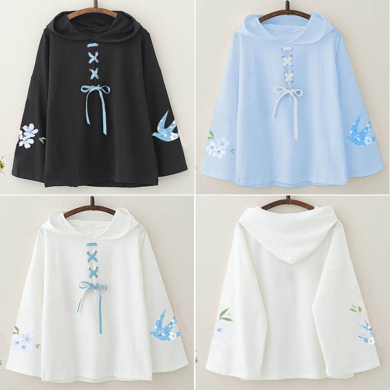 Women Chinese Hoodie Sweatshirt Top Hooded Floral Lace-up
