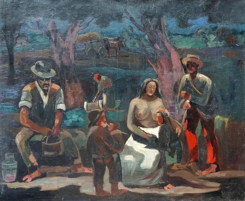Spannender Expressionist: WEINMANN Ölgemälde zeigt Feld + Waldarbeiter, Ungarn