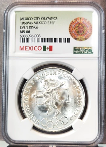 1968 MEXICO SILVER 25 PESOS S25P OLYMPICS NGC MS 66 BEAUTIFUL FROSTY GEM COIN