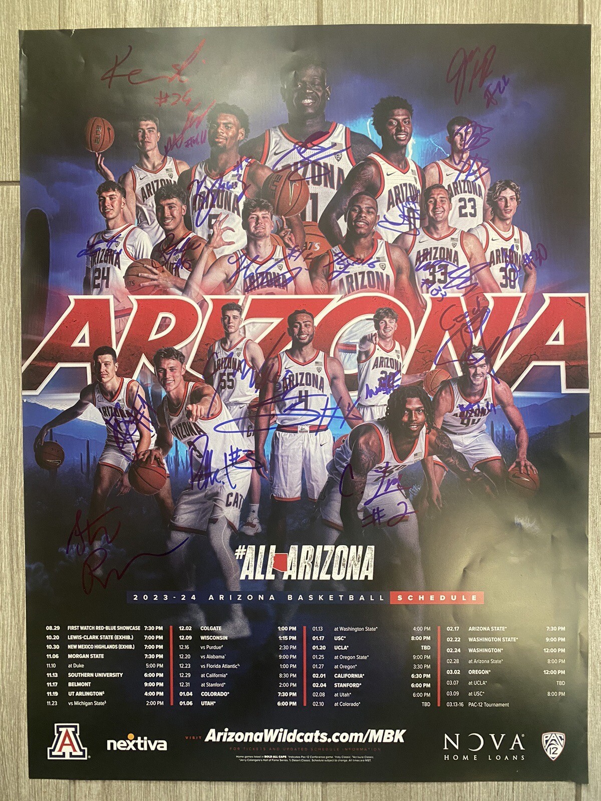 University Of Arizona UofA Basketball 2023/24 FULL TEAM Signed 18x24