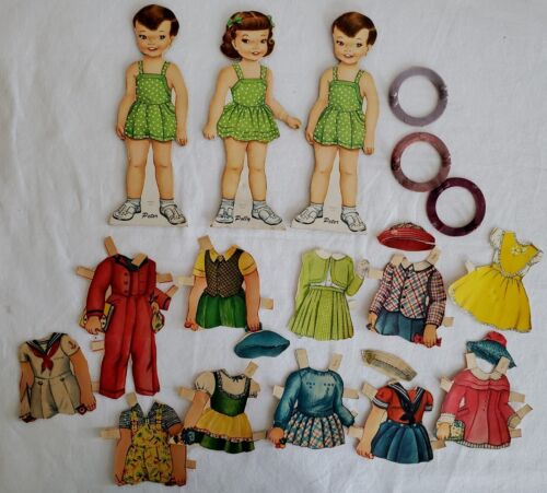 Vintage années 50 The Polka Dot Tots Polly & Peter poupées en papier supports à vêtements découpés - Photo 1 sur 15