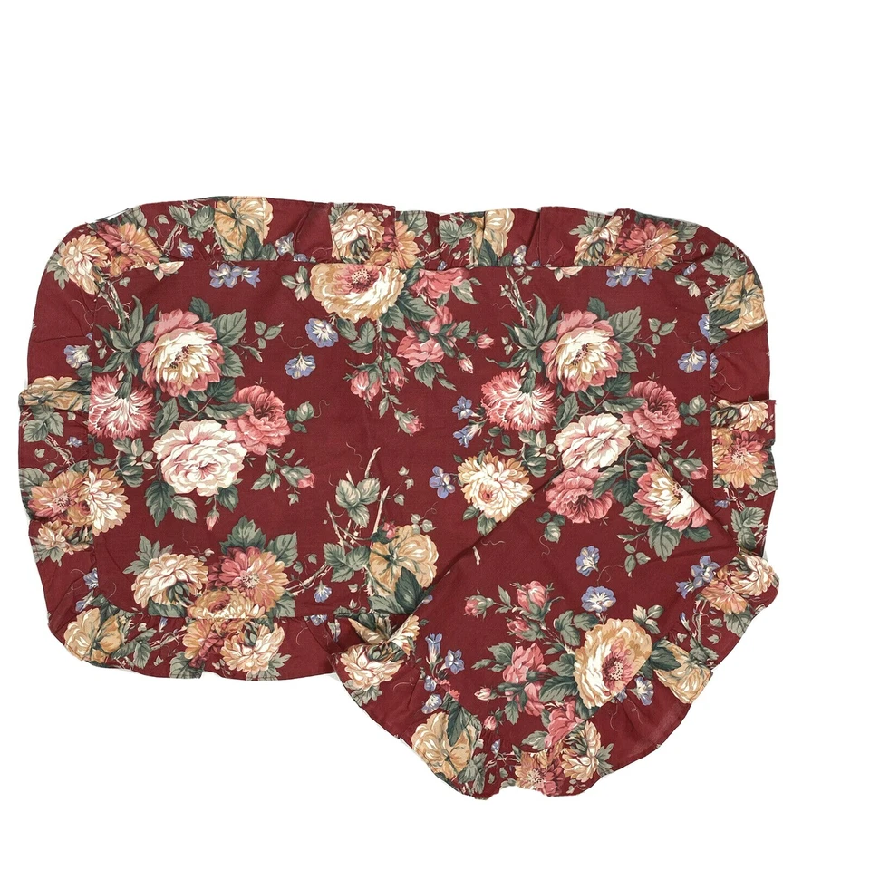 2 件复古 70 年代荷叶边枕套大号国王红色花卉印花一对小屋 — 第 3/4 张图片