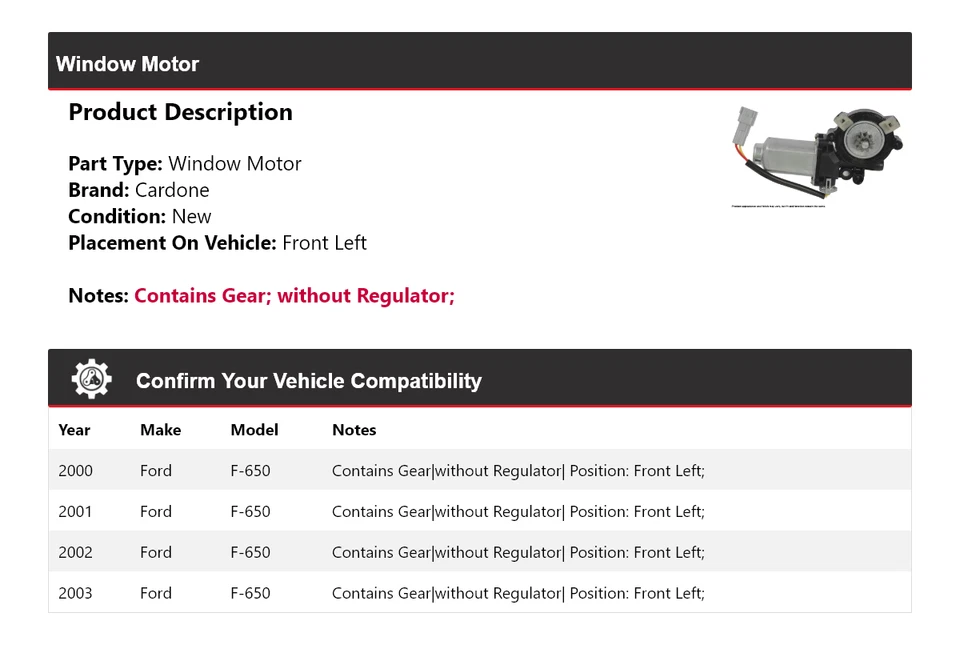 Motor ventana delantero izquierdo cardone 2001 2002 ford f-650 2000-2003 Foto 2 de 4