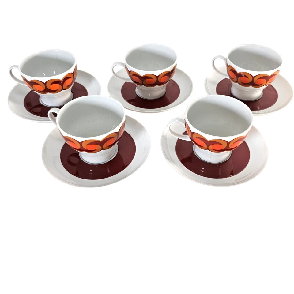 Juego de (5) tazas y platillos de té Thomas Rosenthal modernos años 70 porcelana naranja Foto 3 de 4