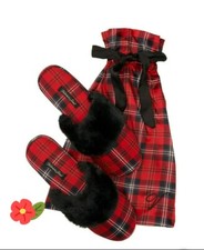 VICTORIA'S SECRET BLACK RED PLAID FUZZY COZY SATIN SLIPPERS LARGE 9 10 POUCH