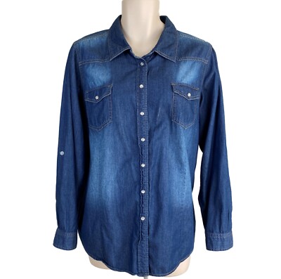 Womens YMI Love Jeans Sz 2X Long Sleeve Pearl Snap Factory Faded Denim Top