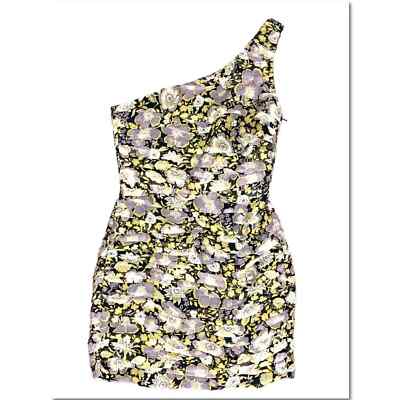 Zara Yellow Metallic Floral One Shoulder Dress Ruched Minidress