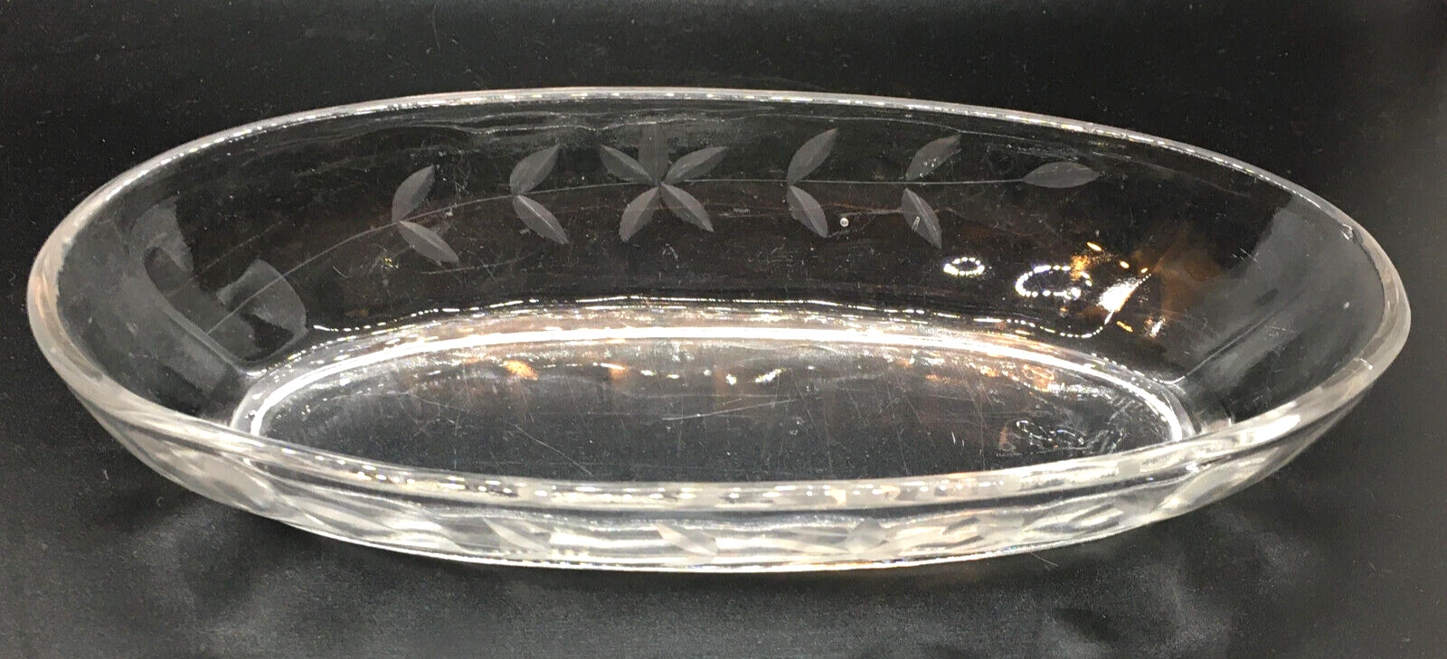 Starflower & Leaves Etched Blown Depression Glass Oval Relish Candy Dish VTG '30
