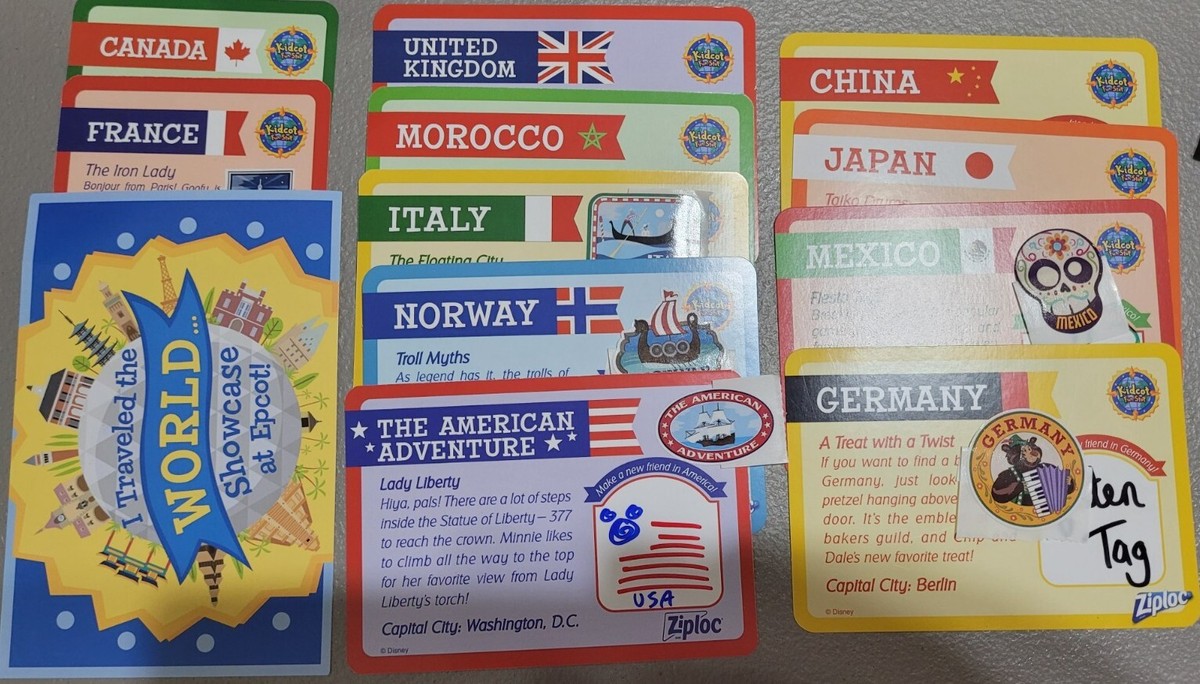 SET 11 Disney World Showcase Epcot Kidcot Card + Stickers