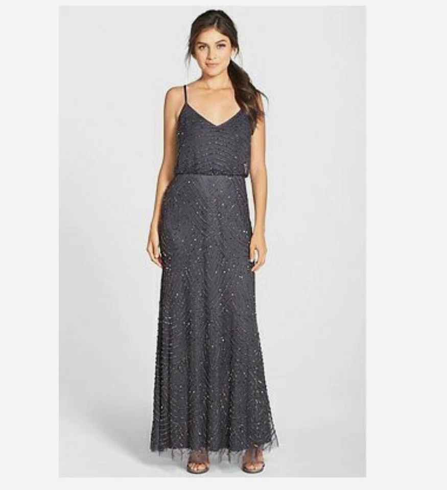 NWT $260 Adrianna Papell  Art Deco Beaded Blouson Gown in Gunmetal/Gold  Sz 12P - Image 2 of 4