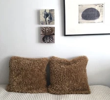 Beige Faux-Fur Square 2  Pillow Cases 20”x 20” New Decorative By Oake