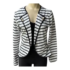 Miss Moly Blazer Jacket Women Size S White Black Striped Collarless Office