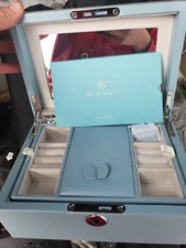 VLANDO RETRO LOCKABLE WOODEN JEWELRY --MIRRORED ---AIR BLUE 