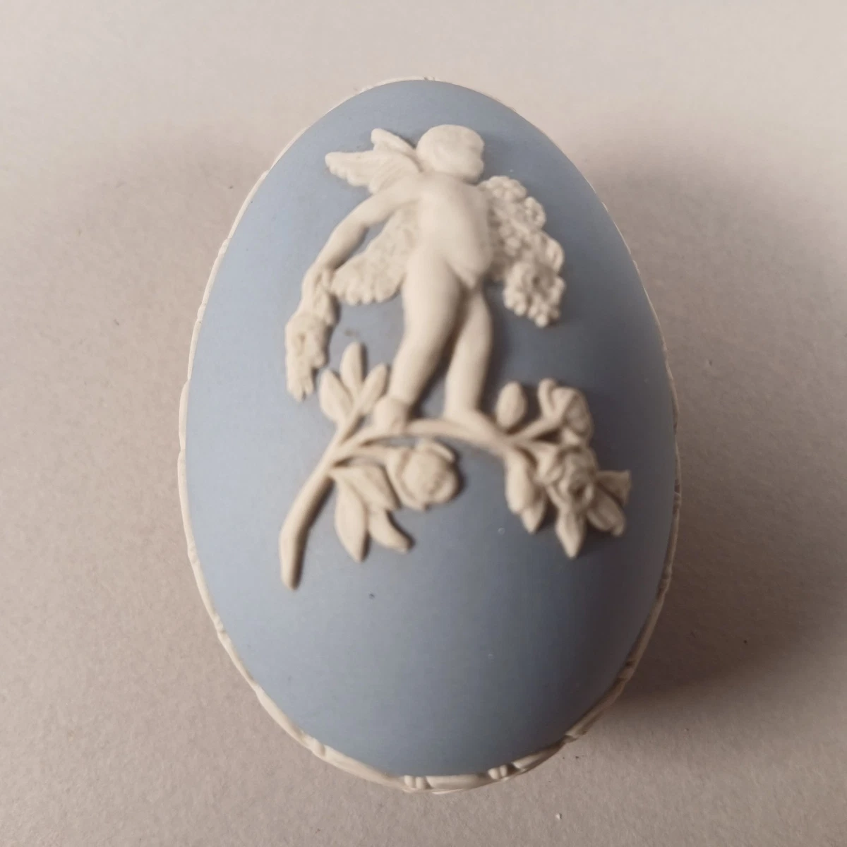 Wedgwood Blue Jasperware Egg-Shaped Cherub Trinket With Original Box