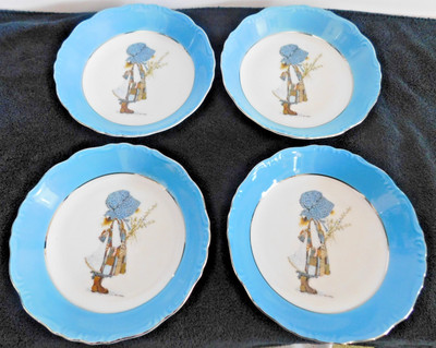 4 Vtg Holly Hobbie Blue Girl Pattern Platinum Trim 7.5  Cereal Salad Bowl 1973