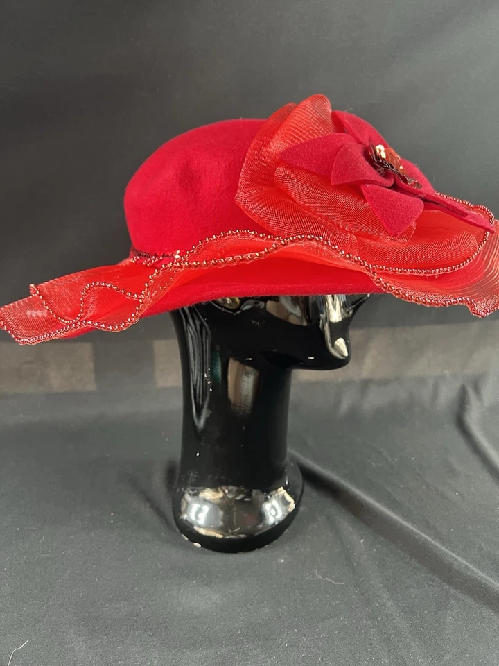 Винтажная красная широкополая шляпа Deborah New York — 100% шерсть, сделано в США - Изображение 3 из 4