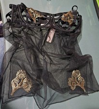 Victoria Secret Black Mesh Baby Doll Nightie w/Gold Floral Applique On Open Cups