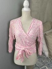 Faithfull the Brand Daisy Wrap Top S Pink Floral Crop Blouse Puff Sleeve Boho