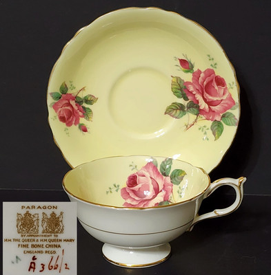 Antique Paragon Tea Cup & Saucer Set Pale Yellow Pink Cabbage Roses DW 1940s EUC