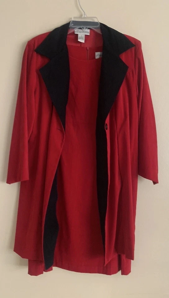 Conjunto de 2 piezas de vestido chaqueta ribete negro rojo esmoquin de terciopelo vintage para mujer fiesta navideña Foto 3 de 4