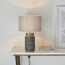 Table Lamp Bedroom Bedside Light Grey Drum Shade Embossed Ceramic 40W E14