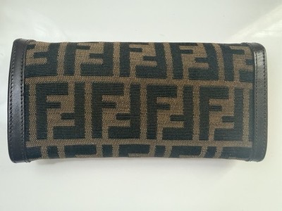 Fendi Brown Black Logo Flap Wallet Snap Clutch Credit Card Women