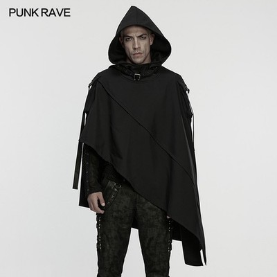 Punk Rave Men Black Gothic Wasteland Hooded Coat Punk Waterproof Irregular Cloak