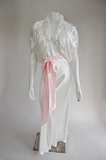 Vintage 1930s Gleaming White Bias Cut Wedding Dress w/ Matching Shrug Belt M/L