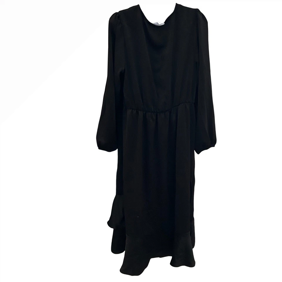 Lucky Brand Black Wrap Midi Dress Ruffle Hem Long Sleeve Women's XL - Image 3 of 4